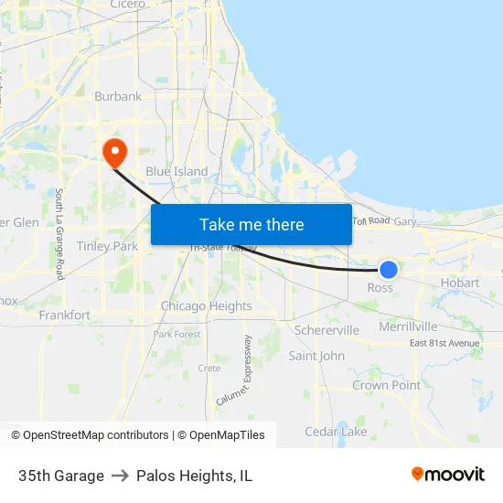 35th Garage to Palos Heights, IL map