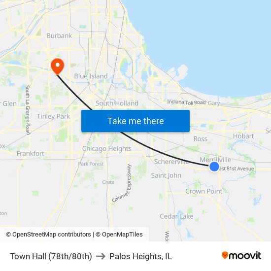 Town Hall (78th/80th) to Palos Heights, IL map