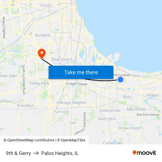 9th & Gerry to Palos Heights, IL map