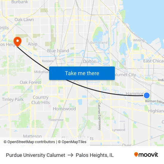 Purdue University Calumet to Palos Heights, IL map