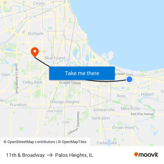 11th & Broadway to Palos Heights, IL map