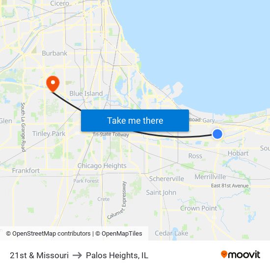 21st Ave & Missouri St to Palos Heights, IL map