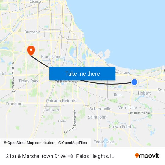 21st & Marshalltown Drive to Palos Heights, IL map