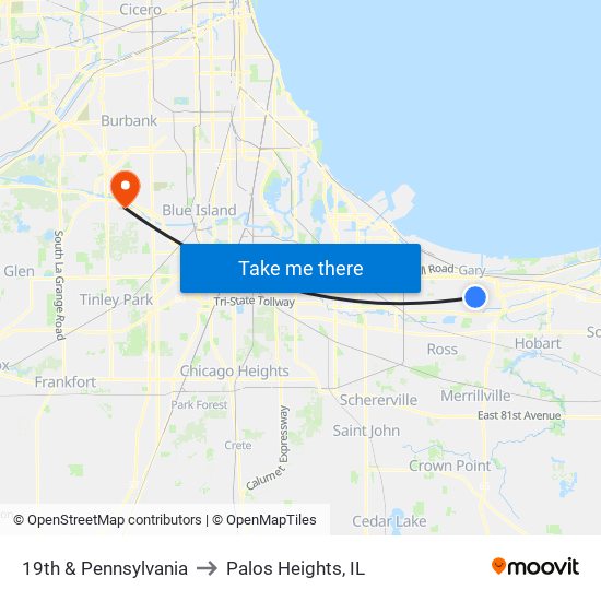 19th & Pennsylvania to Palos Heights, IL map