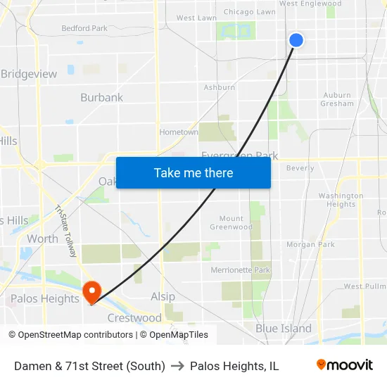 Damen & 71st Street (South) to Palos Heights, IL map