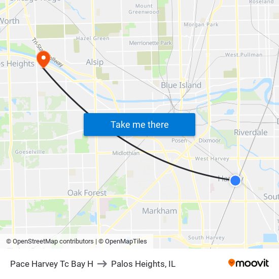 Pace Harvey Tc Bay H to Palos Heights, IL map