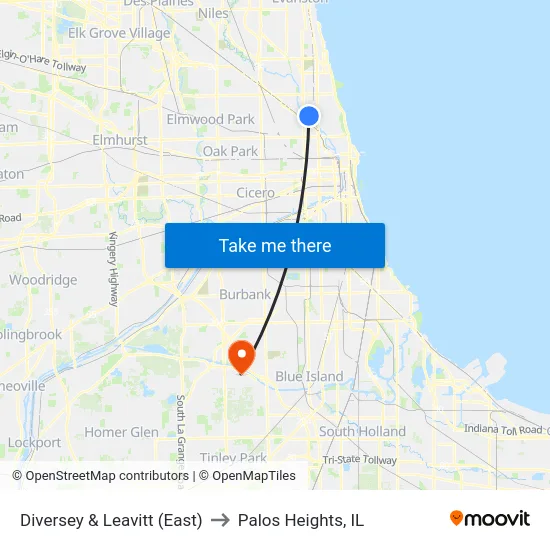 Diversey & Leavitt (East) to Palos Heights, IL map