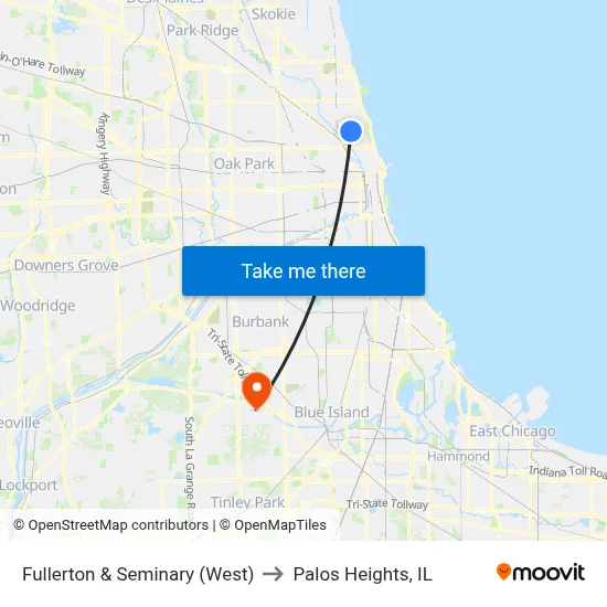 Fullerton & Seminary (West) to Palos Heights, IL map
