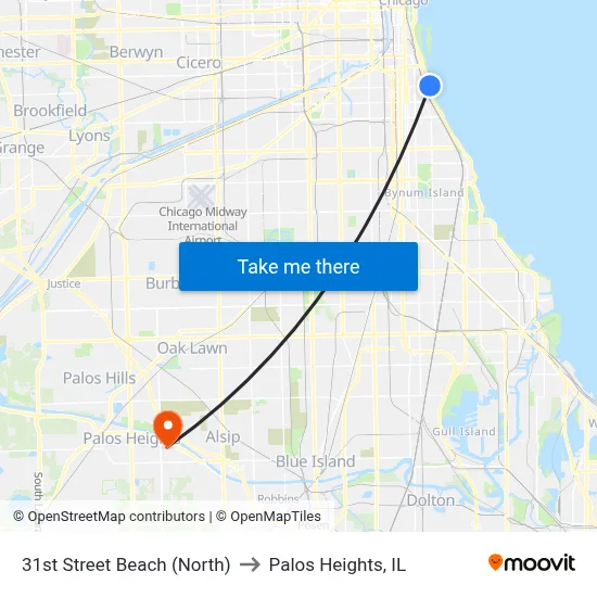 31st Street Beach (North) to Palos Heights, IL map