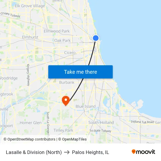 Lasalle & Division (North) to Palos Heights, IL map