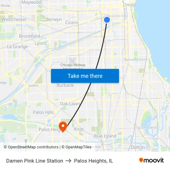 Damen Pink Line Station to Palos Heights, IL map