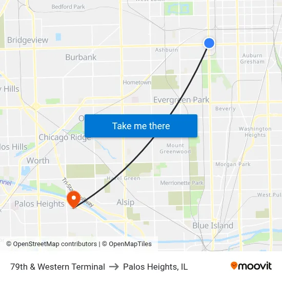 79th & Western Terminal to Palos Heights, IL map