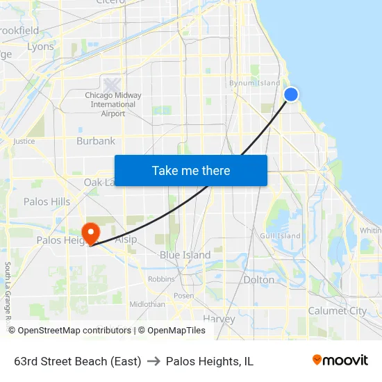 63rd Street Beach (East) to Palos Heights, IL map