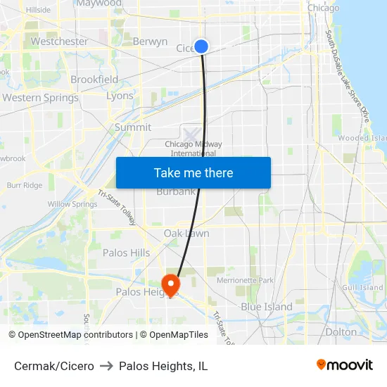 Cermak/Cicero to Palos Heights, IL map