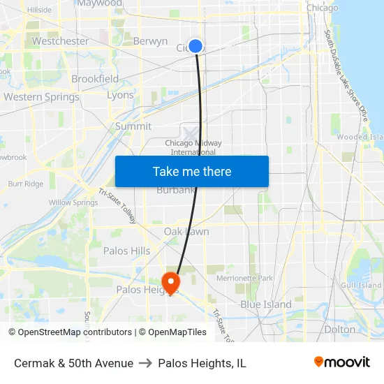 Cermak & 50th Avenue to Palos Heights, IL map