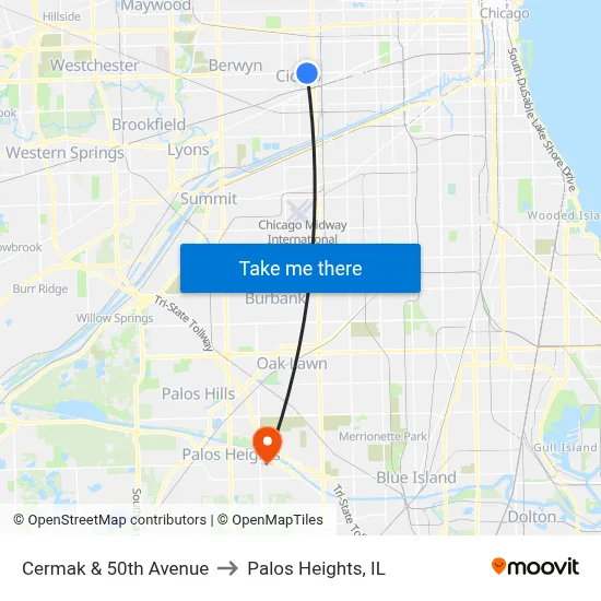 Cermak & 50th Avenue to Palos Heights, IL map