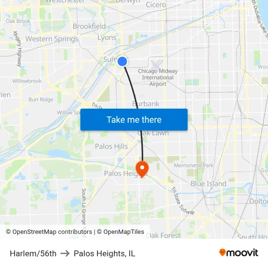Harlem/56th to Palos Heights, IL map