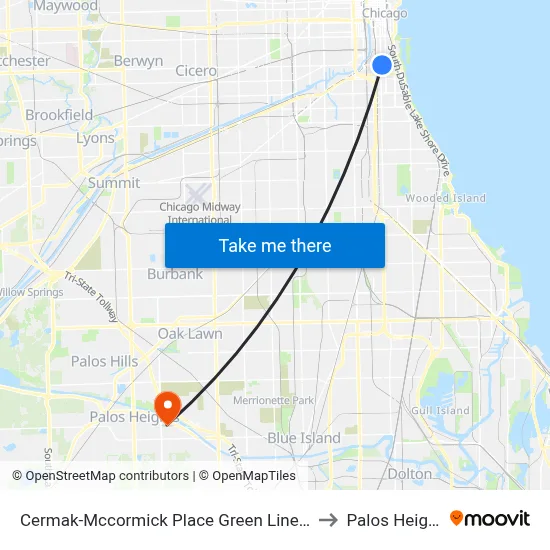 Cermak-Mccormick Place Green Line Station (East) to Palos Heights, IL map