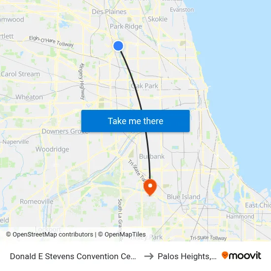 Donald E Stevens Convention Center to Palos Heights, IL map