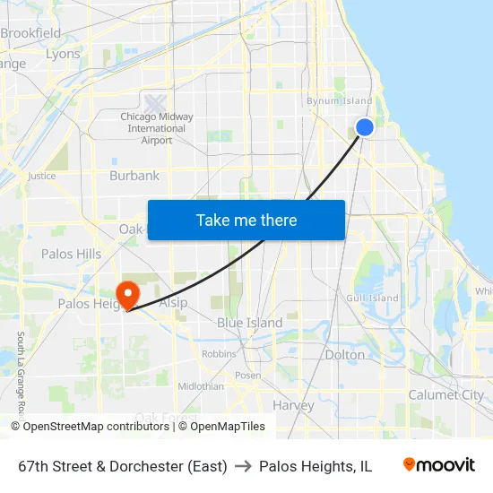 67th Street & Dorchester (East) to Palos Heights, IL map