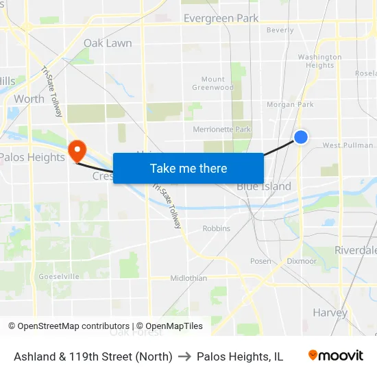 Ashland & 119th Street (North) to Palos Heights, IL map