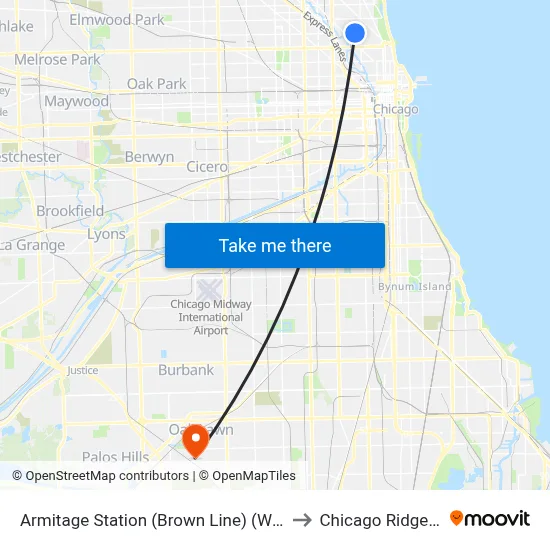 Armitage Station (Brown Line) (West) to Chicago Ridge, IL map