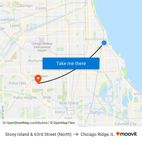 Stony Island & 63rd Street (North) to Chicago Ridge, IL map