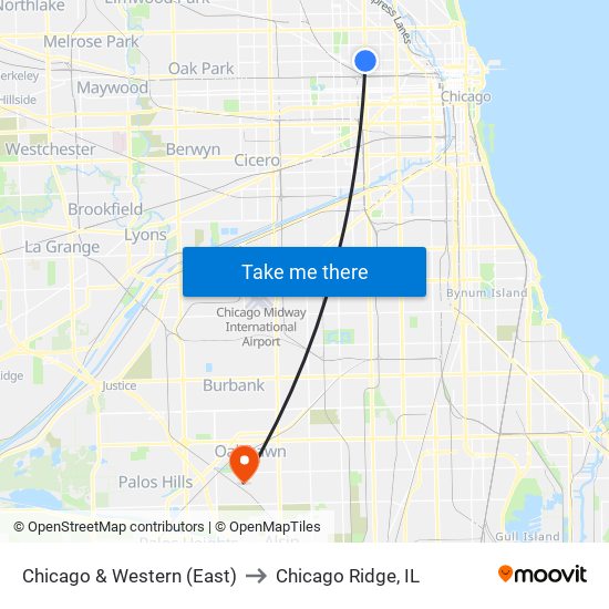 Chicago & Western (East) to Chicago Ridge, IL map