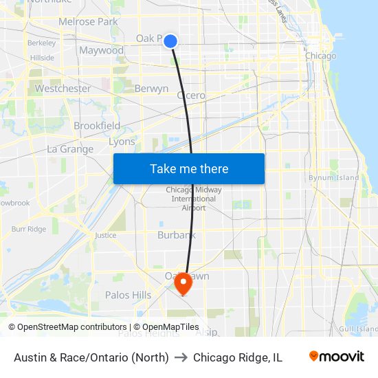 Austin & Race/Ontario (North) to Chicago Ridge, IL map