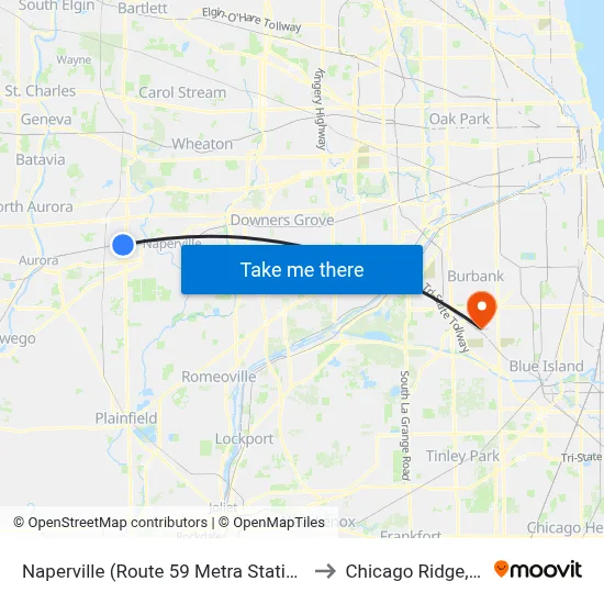 Naperville (Route 59 Metra Station) to Chicago Ridge, IL map
