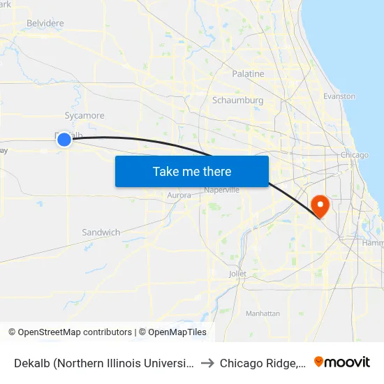 Dekalb (Northern Illinois University) to Chicago Ridge, IL map