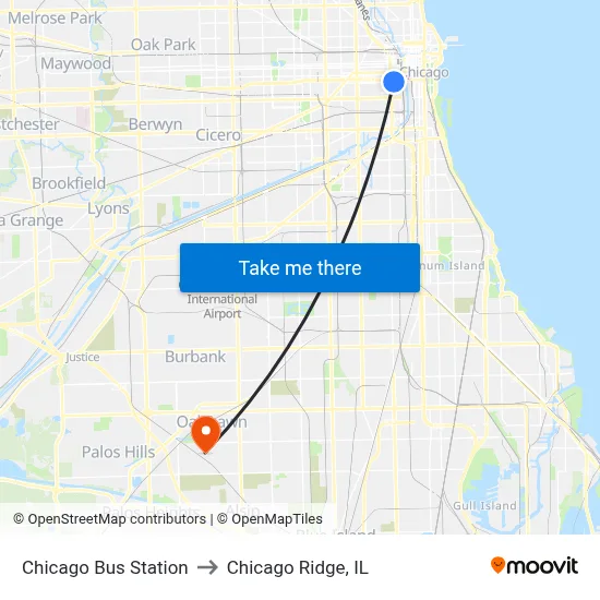 Chicago Bus Station to Chicago Ridge, IL map