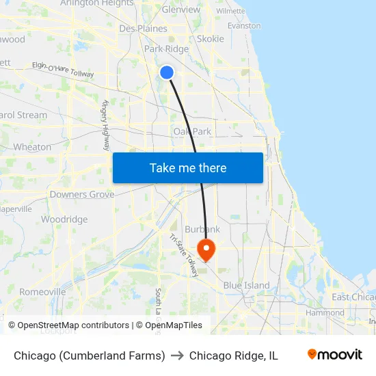 Chicago (Cumberland Farms) to Chicago Ridge, IL map