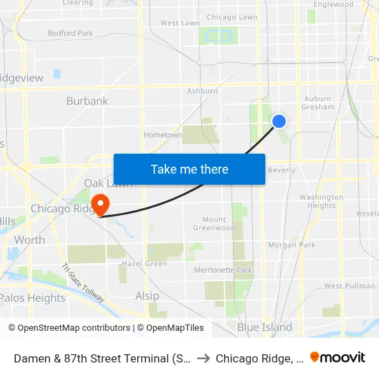 Damen & 87th Street Terminal (Se) to Chicago Ridge, IL map