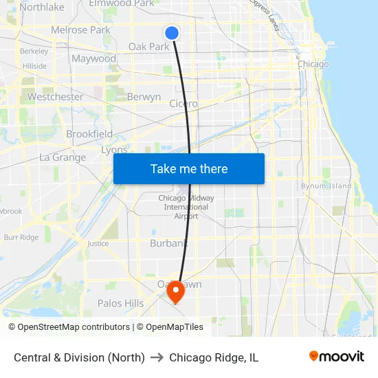 Central & Division (North) to Chicago Ridge, IL map