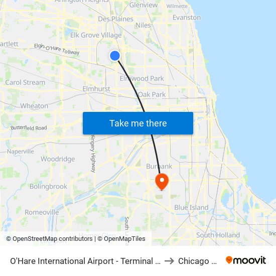 O'Hare International Airport - Terminal 5 Arrivals/Departures to Chicago Ridge, IL map