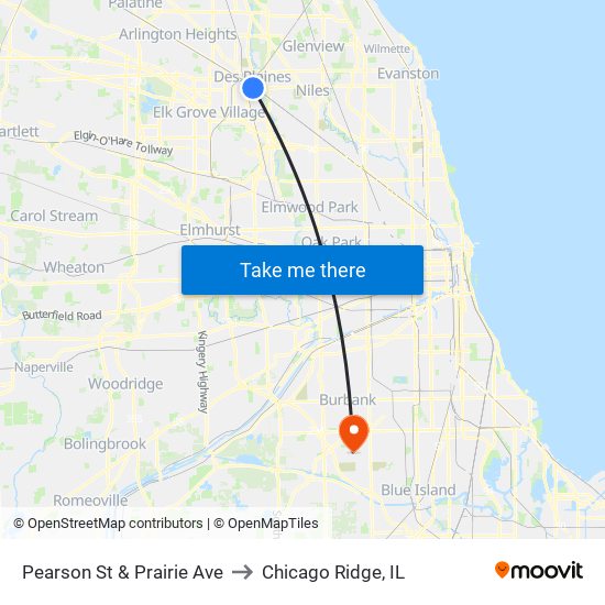 Pearson St & Prairie Ave to Chicago Ridge, IL map