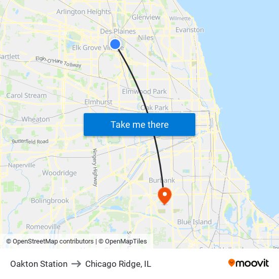 Oakton Station to Chicago Ridge, IL map