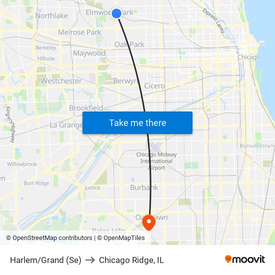 Harlem/Grand (Se) to Chicago Ridge, IL map