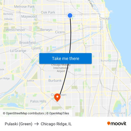 Pulaski (Green) to Chicago Ridge, IL map