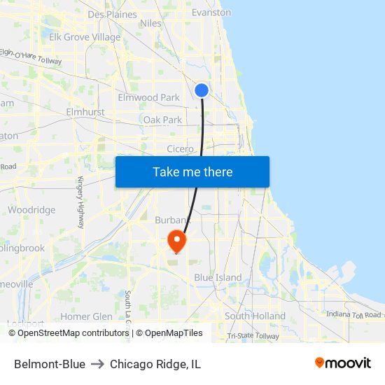 Belmont-Blue to Chicago Ridge, IL map