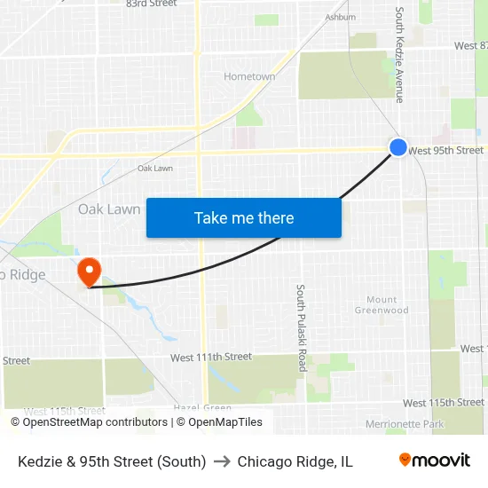 Kedzie & 95th Street (South) to Chicago Ridge, IL map