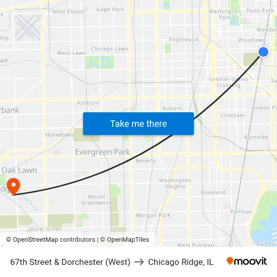 67th Street & Dorchester (West) to Chicago Ridge, IL map
