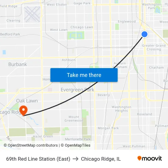 69th Red Line Station (East) to Chicago Ridge, IL map