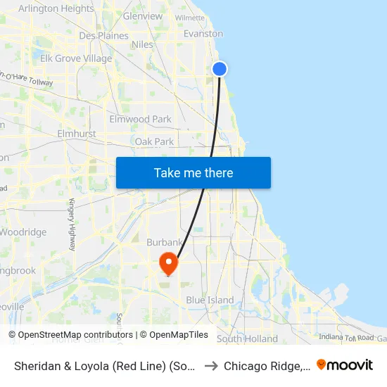 Sheridan & Loyola (Red Line) (South) to Chicago Ridge, IL map