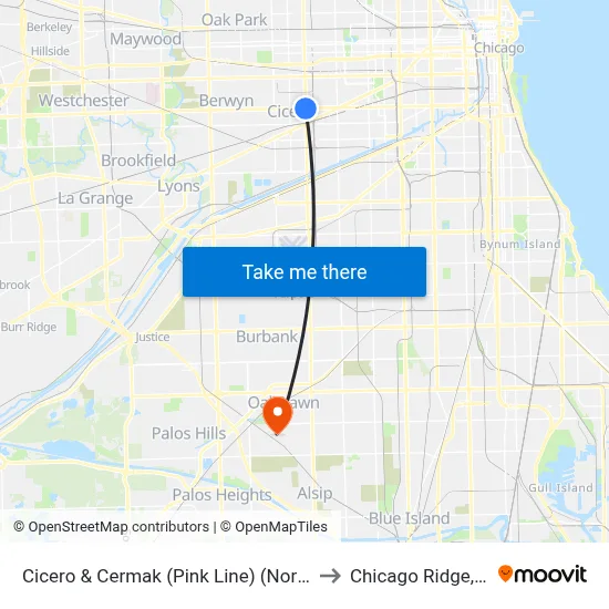 Cicero & Cermak (Pink Line) (North) to Chicago Ridge, IL map