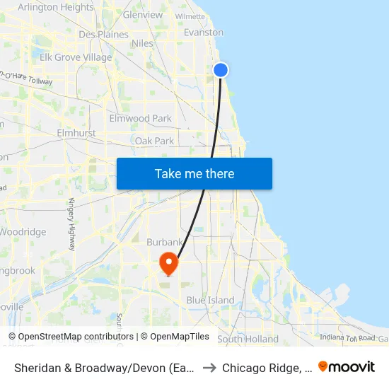 Sheridan & Broadway/Devon (East) to Chicago Ridge, IL map
