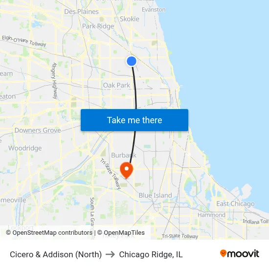 Cicero & Addison (North) to Chicago Ridge, IL map