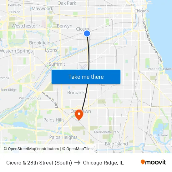 Cicero & 28th Street (South) to Chicago Ridge, IL map