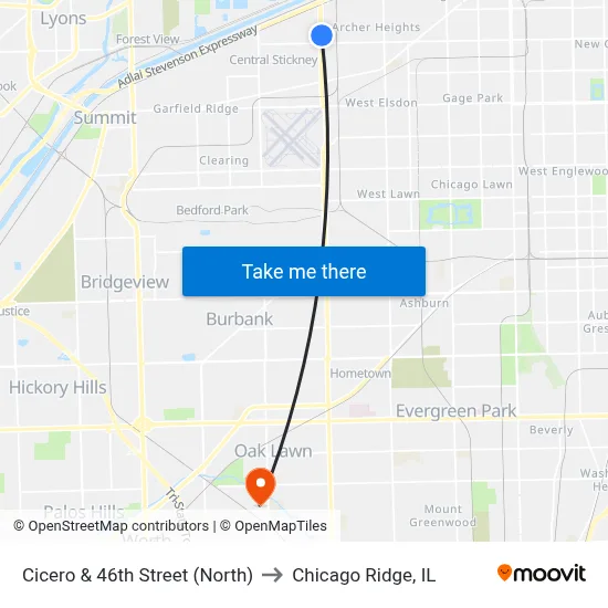Cicero & 46th Street (North) to Chicago Ridge, IL map